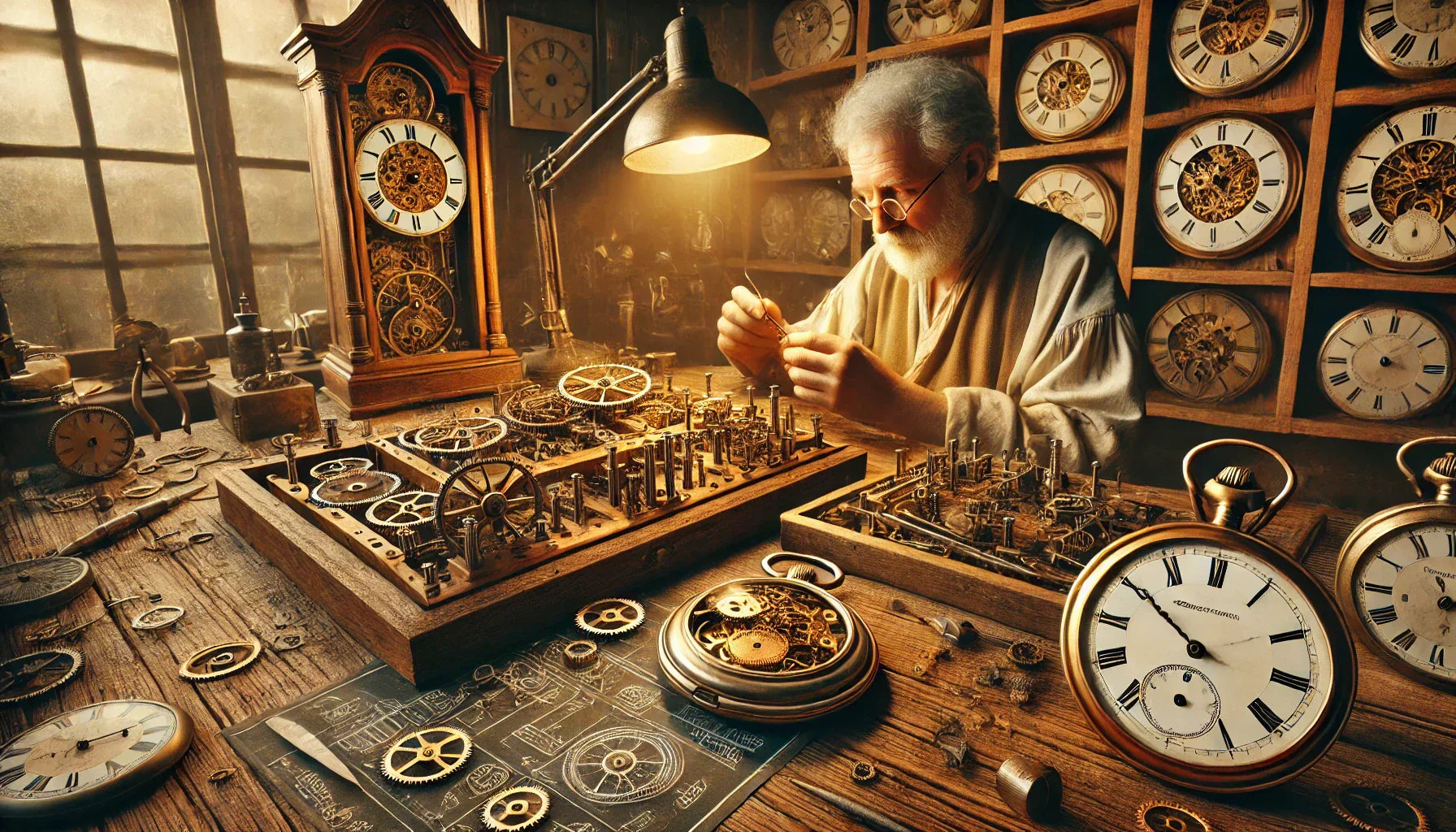 Clockmaker’s workshop with intricate timepieces highlighting history of pomiaru czasu and zegary mechaniczne