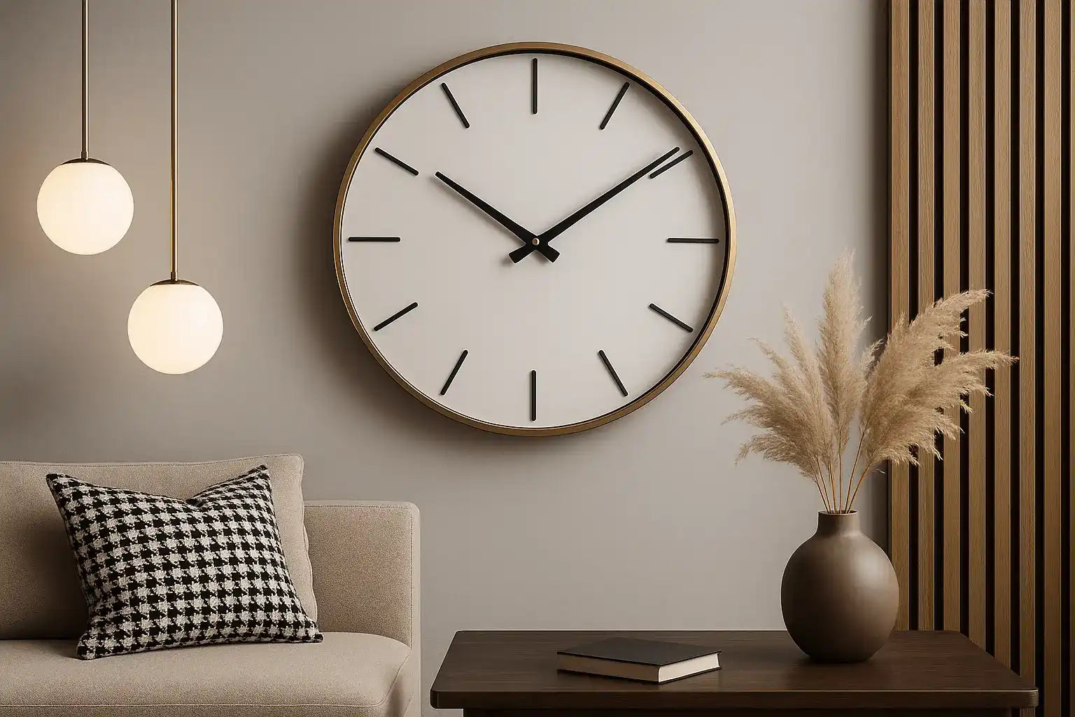 Elegancki, minimalistyczny zegar ścienny w salonie – duży okrągły zegar z białą tarczą, czarnymi wskazówkami i złotą ramą, zawieszony nad nowoczesną sofą w stylu skandynawskim Image